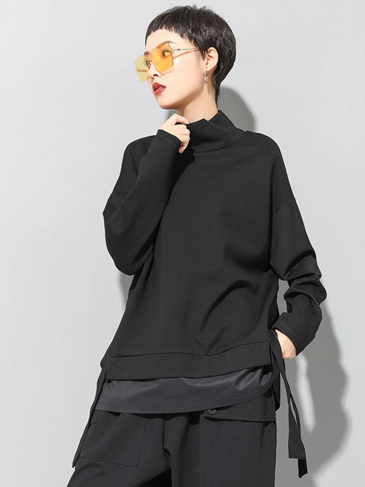 [EAM] Loose Fit Asymmetrical Big Size Sweatshirt New High Collar Long Sleeve Women Big Size Fashion Spring Autumn 2026 19A-a124
