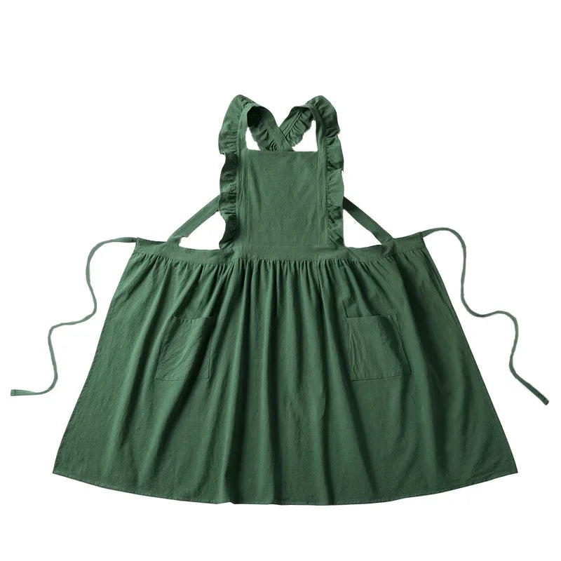 Japanese Korean Flouncing Kitchen Coffee Shop Working Falbala Apron kawaii Home Cotton Linen Pinafore with Lotus Leaf Lace
