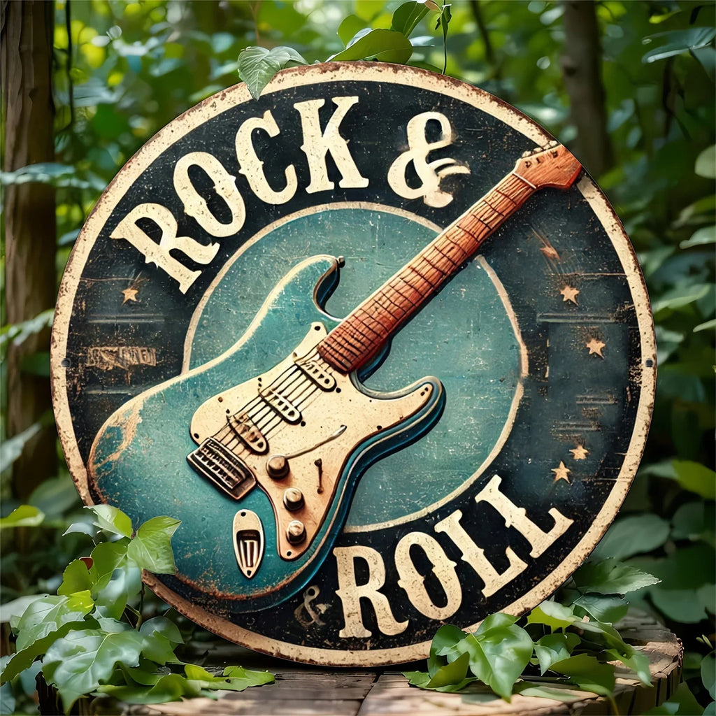 Rock & Roll Guitar Themed Aluminum Metal Tin Sign , Foil Engraved Wall Art Decor - For Home Office - Ideal for Living Room, Bar