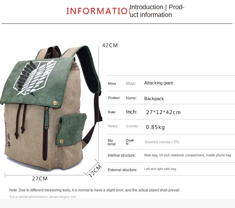 Cartoon Animation AttackonTitan ONEPIECE NARUTO Large Capacity Canvas Backpack