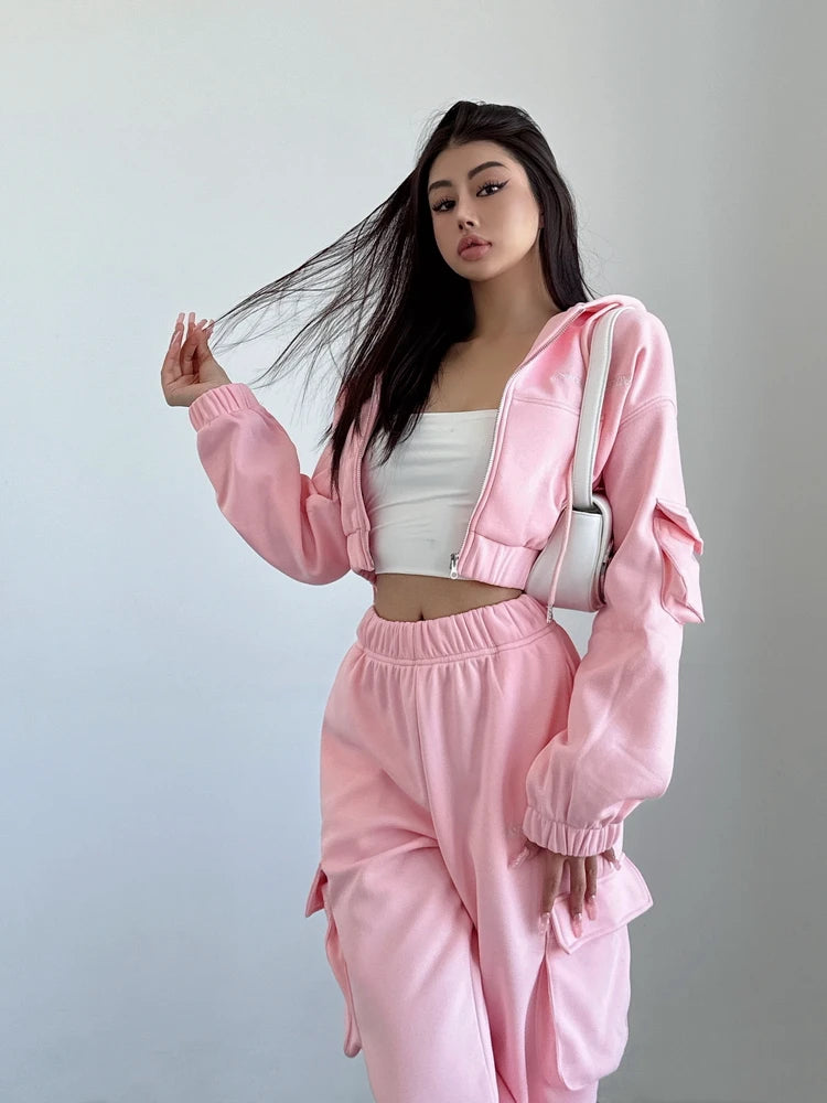 WOMENGAGA Short Zipper Sweatshirt Large Pocket Wide Leg Pants Two Piece Casual Plush Set For Winter Women Fashion Sweet 2PTB