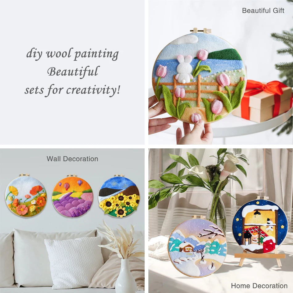 CHENISTORY the Spring Festival Wool Felting Painting Painting With Frame Kit For Beginner Handmade Felt Needles, Foam Pad,Cloth