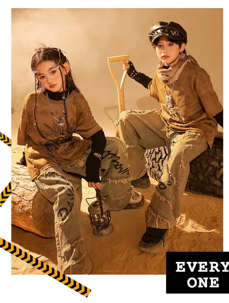 Boys Wasteland Punk Street Dance Sweatshirt Jeans Pants Girls Hip Hop Clothes Sets Kids Jazz Stage Costumes Children Streetwear