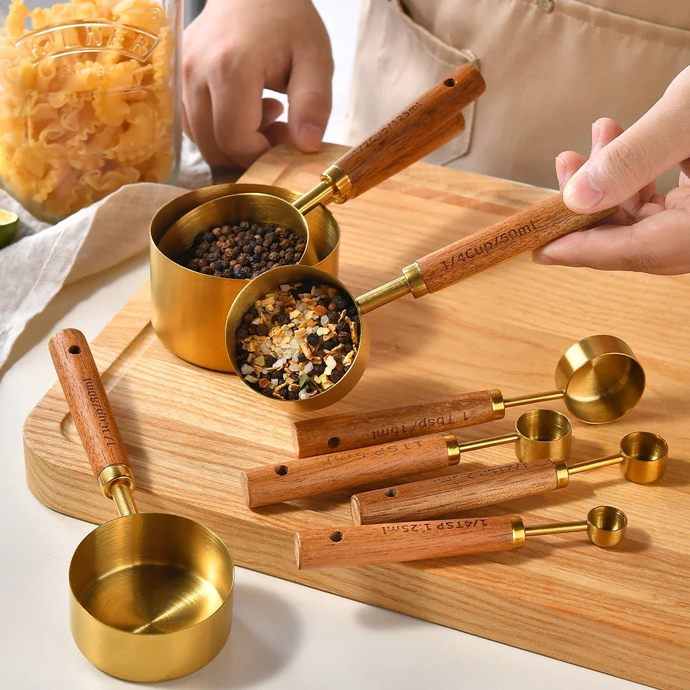 1/4Pcs Stainless Steel Measuring Cups and Spoons Set with Wooden Handles Multifunctional Baking Tool for Cooking and Baking