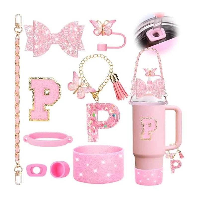9PCS Set Bling Pink For Stanley Cup Cute Bow Letter Decoration 30oz 40oz Cup Spill Proof Stopper Keychain Handle Cup Accessoriy