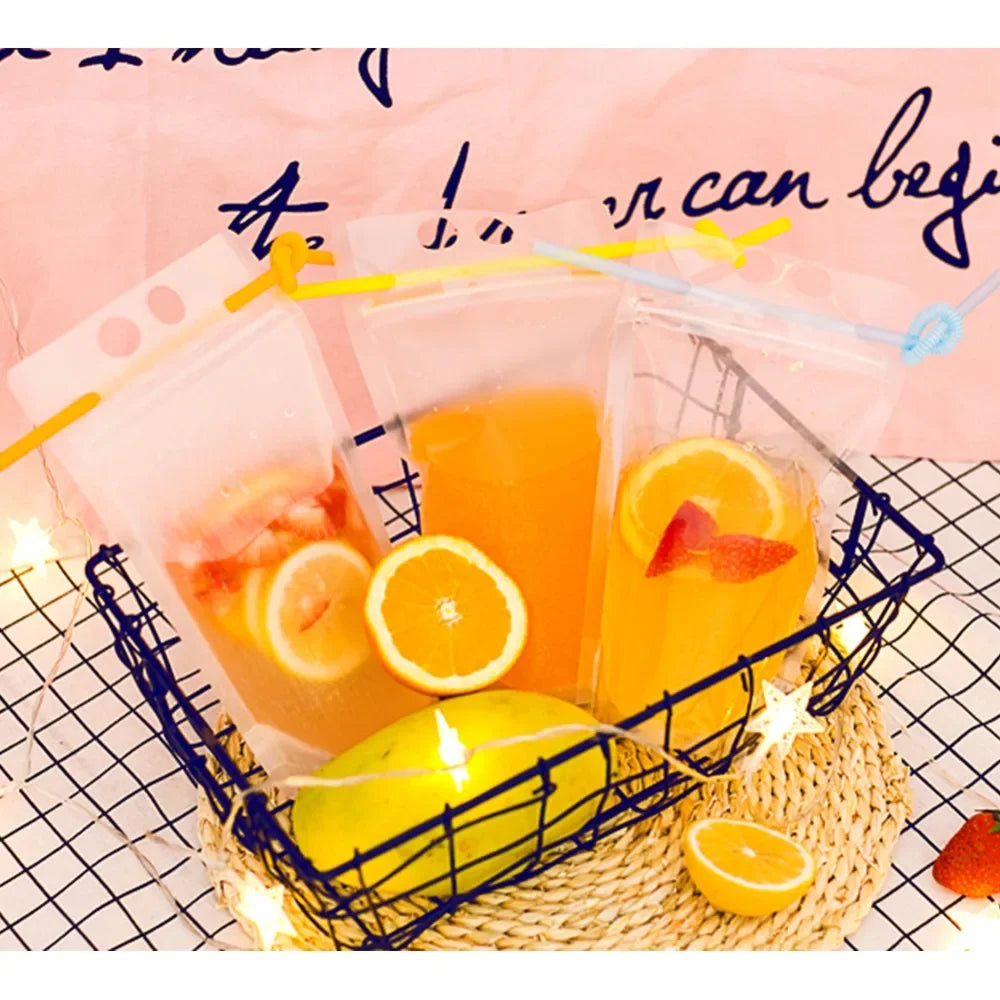 50Pcs Clear Plastic Drinking Packaging Bag Food Fresh Keeping Transparent Beverage Juice Milk Coffee Pouch Zip Bag Without Straw