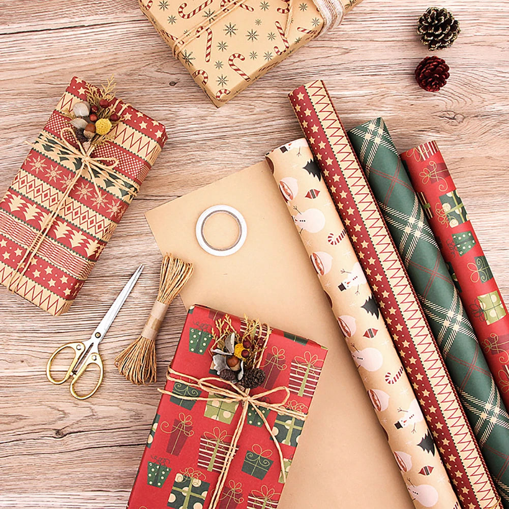 6Pcs Kraft Packaging Paper Retro Christmas Single-sided Wrapping Paper DIY Craft Paper Set for Party Birthday Halloween Gift