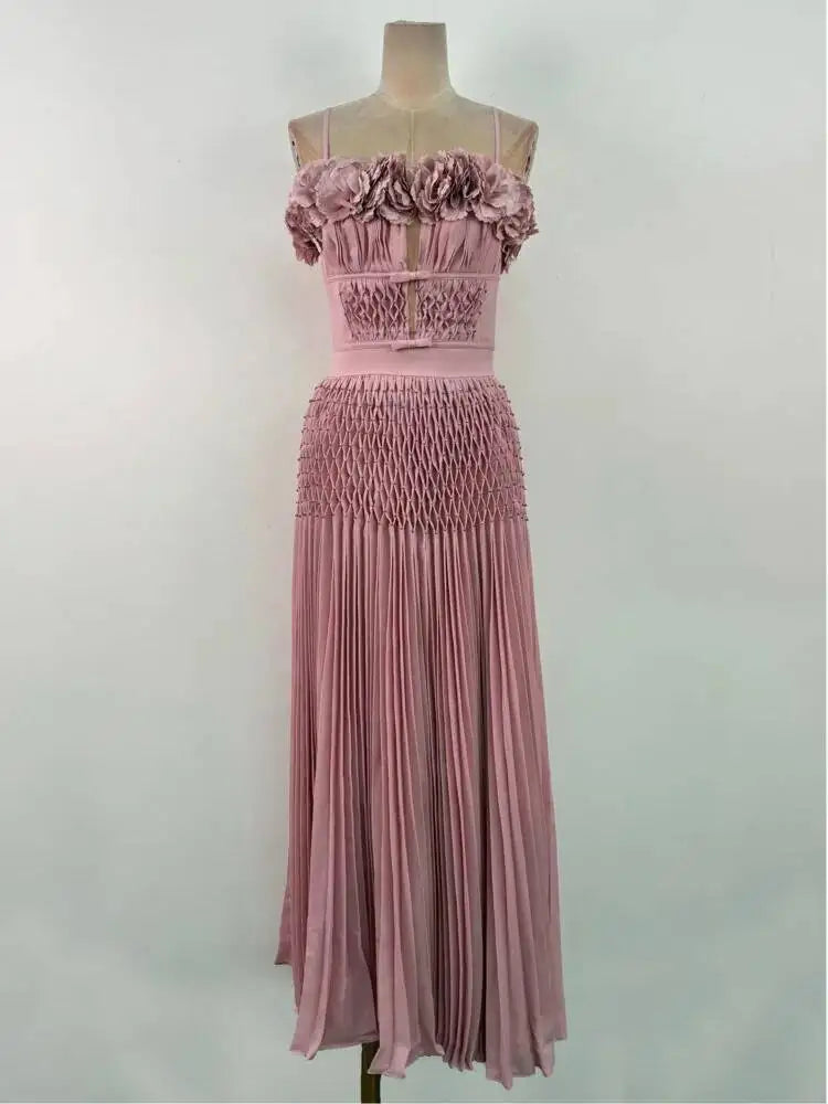 DEAT Elegant Dress Hollow Out Backless Camisole Pleated Flower
