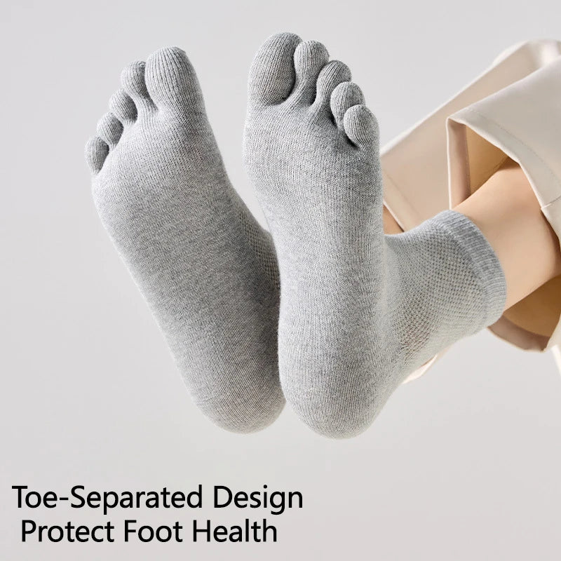 3/5 Pairs Men's Toe Socks Mid-Calf 100% Cotton Mesh Breathable Anti-bacterial Anti-odor Split Toe Socks for Daily & Sports