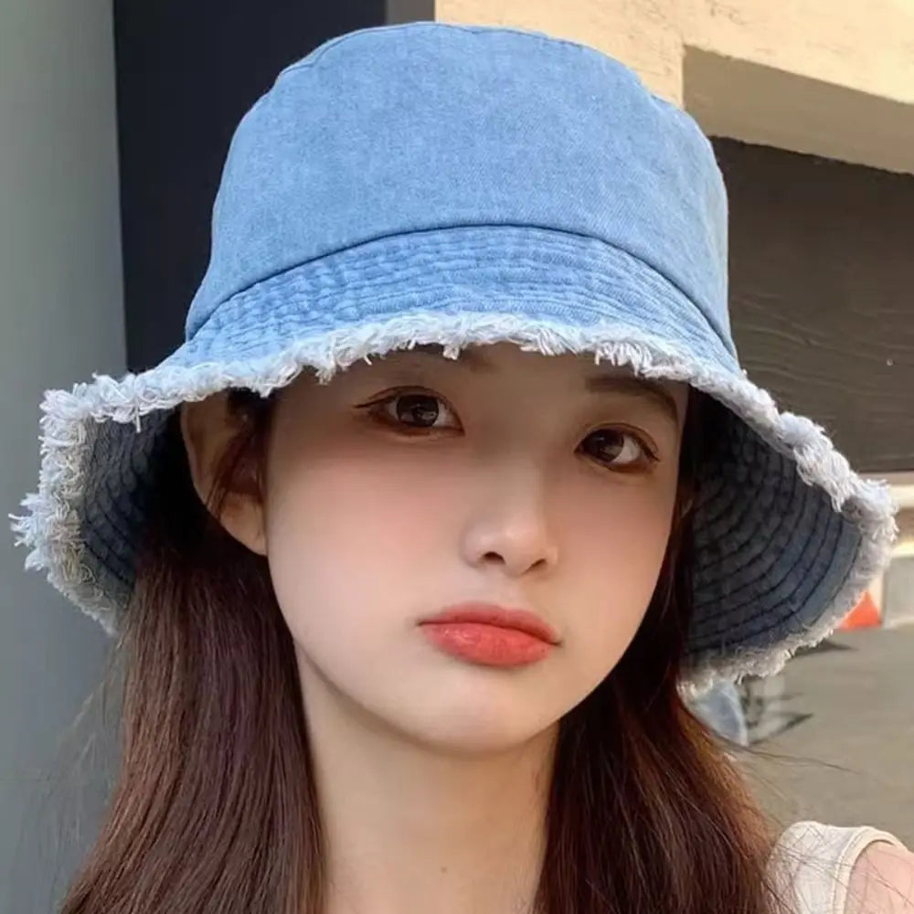 Y2K Style Denim Summer Sun Hat Foldable Anti-UV Bucket Hat Travel