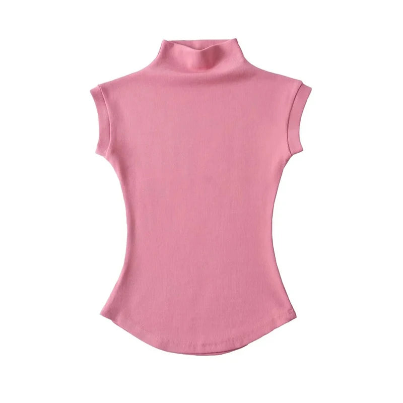 Women Summer Sexy Turtleneck Sleeveless T-Shirts Tops Solid Slim