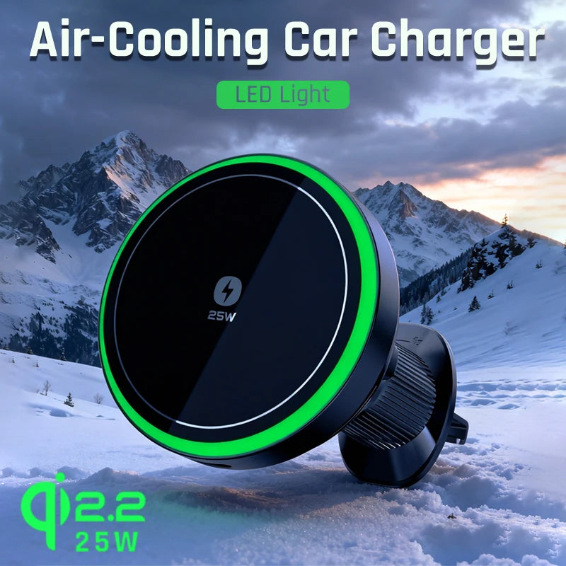 Qi2.2 Car Magnetic Wireless Charger Stand  LED Phone Holder  Air-Cooling Fast Charging Station For Magsafe iPhone 17~12 Pro Max