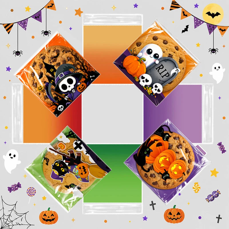 50/100/500Pcs Spooky Halloween Candy Bags Pumpkin Ghost Gift Cookie Self-Sealing Bags Halloween Party Decor Trick or Treat