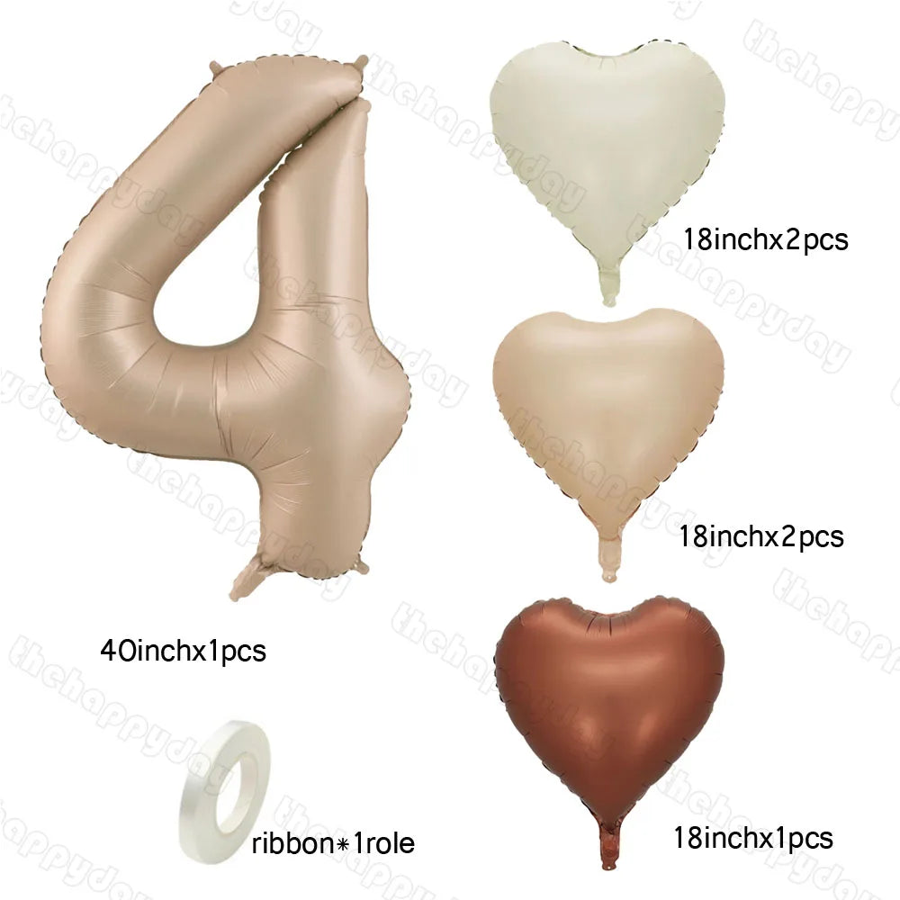 10/5/1Pc Brown Beige Cream 18inch Heart Balloons Cream Number Balloons 1 2 3 4 5 6 Birthday Number Foil Balloon Helium Air Globo