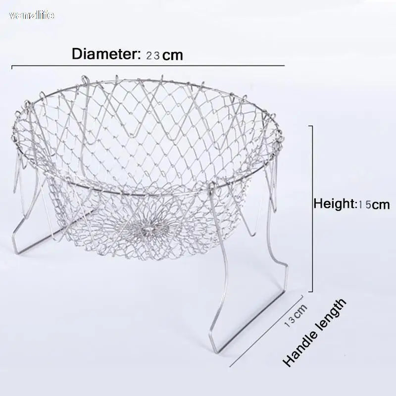 vanzlife stainless steel deep-fried large noodle kitchen French fries tools drain basket Household leak net spoon folding filter