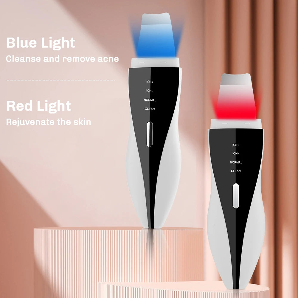 Ultrasonic Skin Scrubber Red Blue Light Deep Face Cleaning Peeling Blackhead Remover Facial Shovel Cleanser Lifting Skin Care