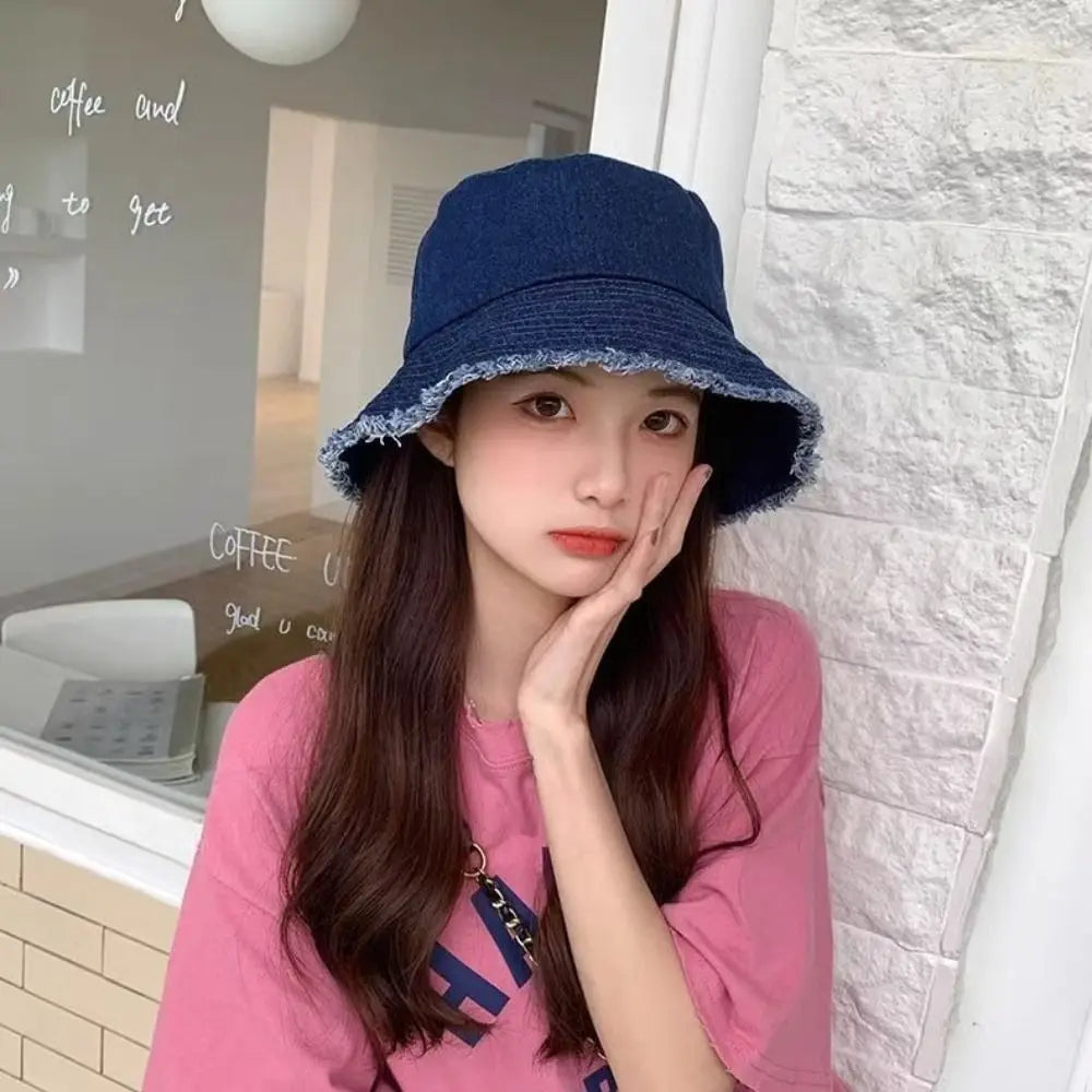 Y2K Style Denim Summer Sun Hat Foldable Anti-UV Bucket Hat Travel