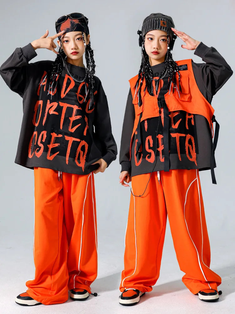 Boys Hip Hop Cool Sweatshirt Vest Cargo Pants Girls Fashion Jazz Street Dance Costume Children Clothes Set Kids K-pop Streetwear