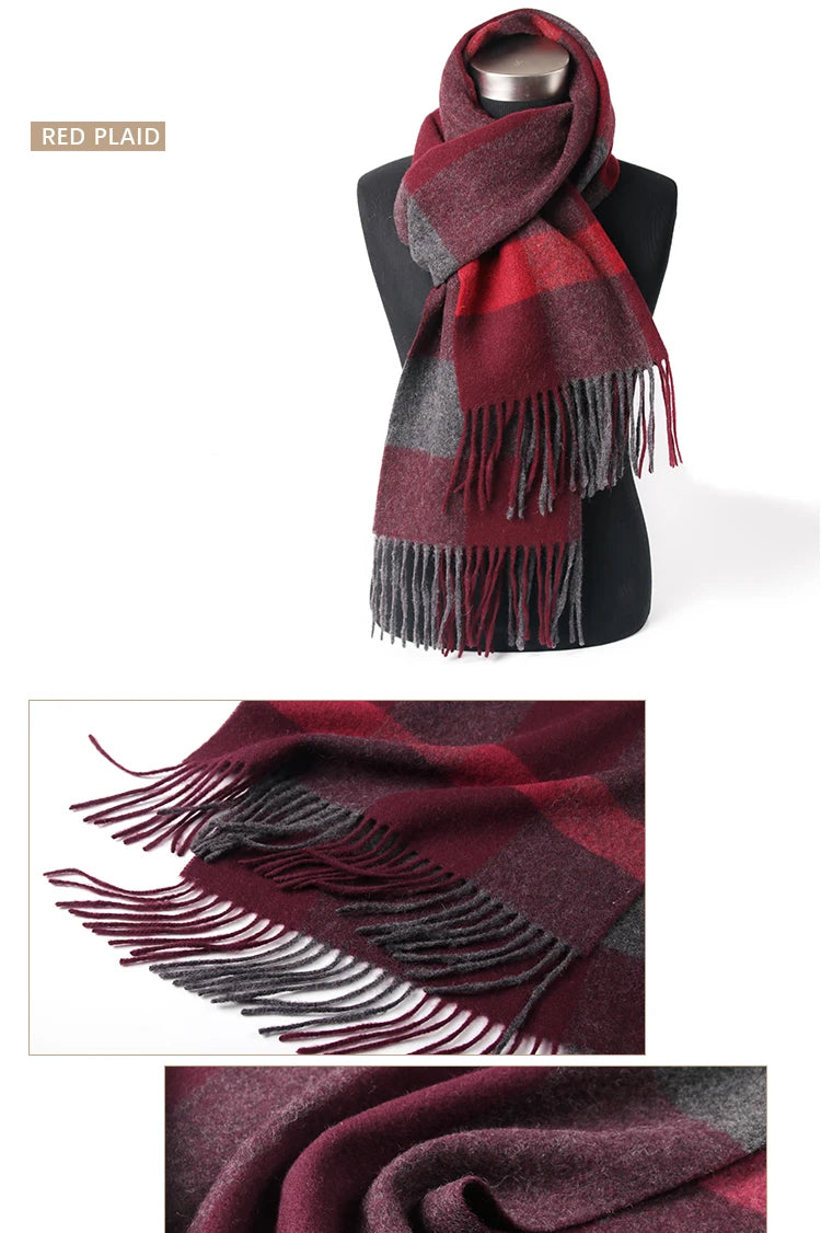 LONGMING 100% Merino Wool Knitted Shawl New Women Autumn Fashion Classic Plaid Solid Scarf Winter Warm Knottable Muffler for Man