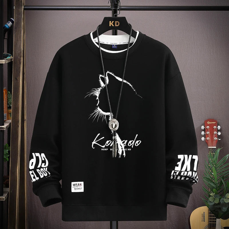 Autumn Men's Sweatshirt Sketch Cat Print Long Sleeve T-shirt Fashion Men's Clothing Black O Neck Harajuku Exclusive Design Top