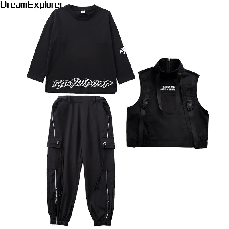 Boy Hip Hop Girl High Collar Vest Cargo Pants Outfits Child Sweatshirt Joggers Street Dance Kids Waistcoat Streetwear Costumes