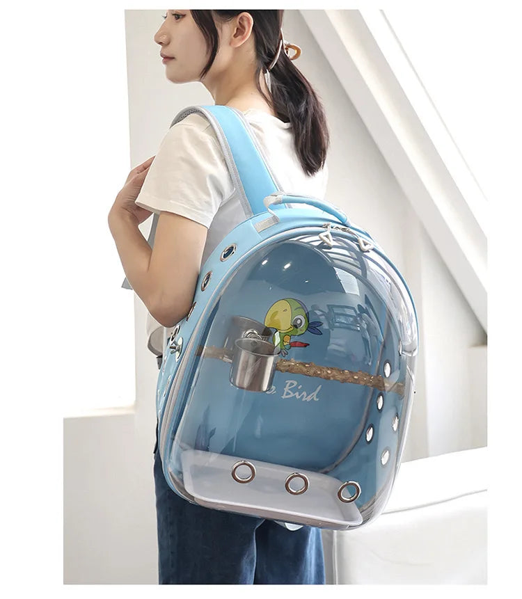 Portable Bird Cage with Prech Feeder and Tray, Acrylic Pet Backpack Bag, Parakeet, Cockatiel, Parrot, Bunny, Travel