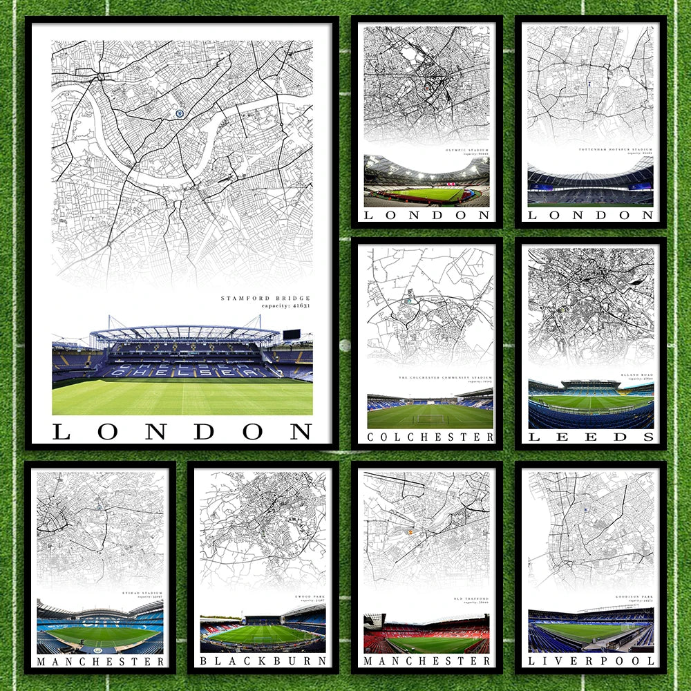 Football Poster Clubs Map Liverpool Manchester Football Stadium Poster Wall Art Canvas Painting for Living Room Home Decor