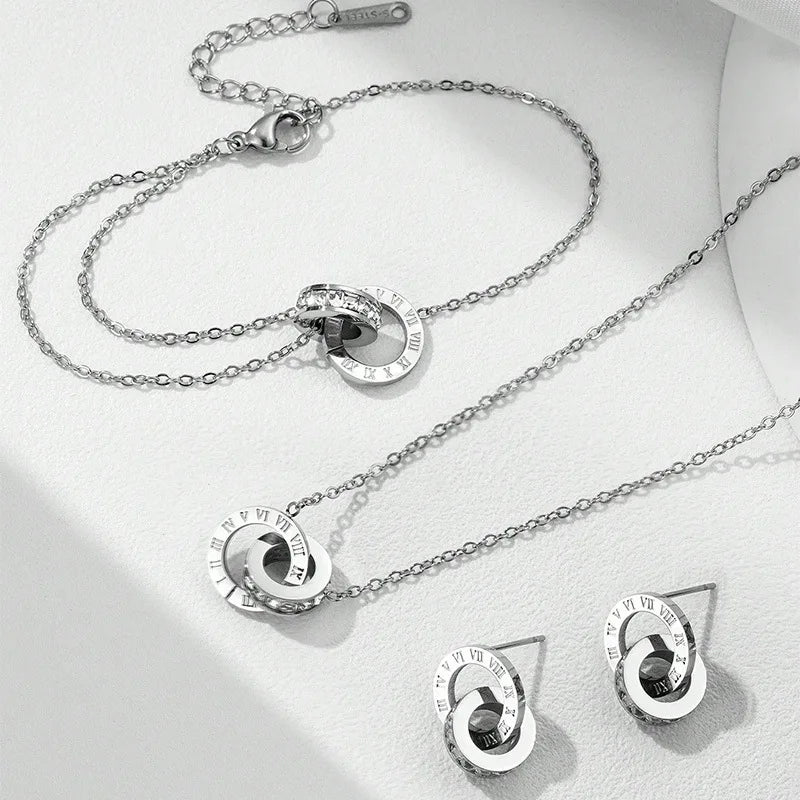 Women's Classic Stainless Steel Roman Numerals Necklace Bracelet Earrings