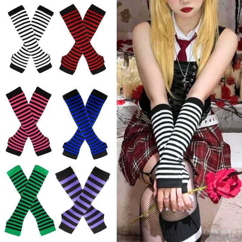 Y2K Gothic Lolita Gloves Black Striped Fingerless Arm Cover