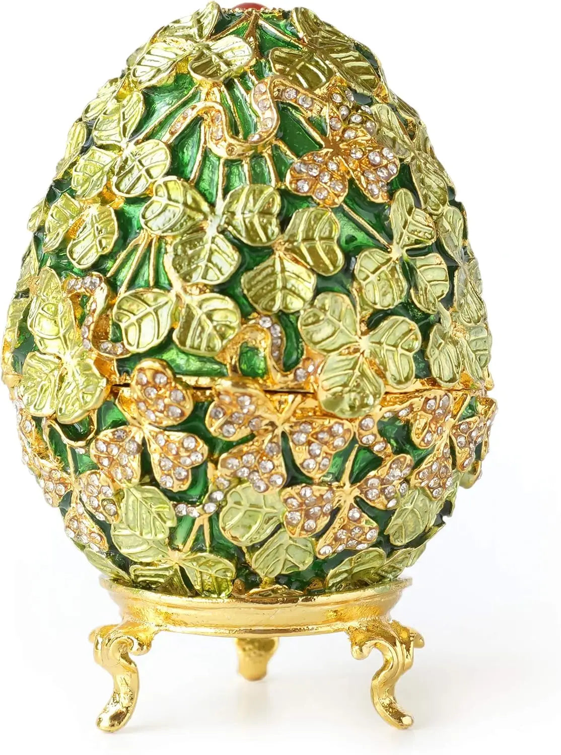 Hand-painted retro-style golden leaf Faberge eggs, with rich enamel and shiny rhinestone jewelry box (gold pink leaves), metalli