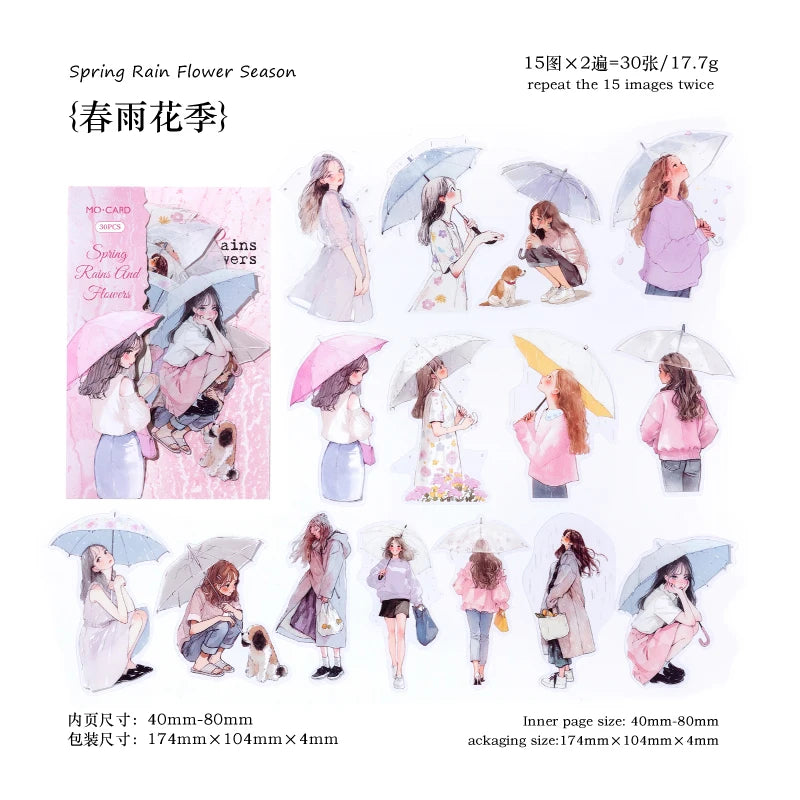 30 Sheets/bag PET Rain Theme Hand Account DIY Sticker Notebook Background Stickers Diary Greeting Card DIY Decorative Stickers