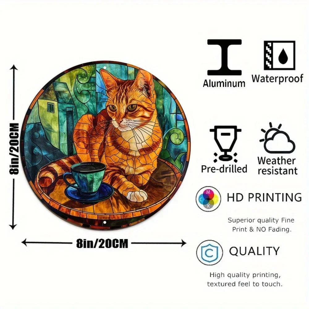 Cute Black Cat Gift Theme Round Metal Aluminum Sign Art Desktop Decorative Plates for Bar Cafe Club Yard Home Office Wall Decor