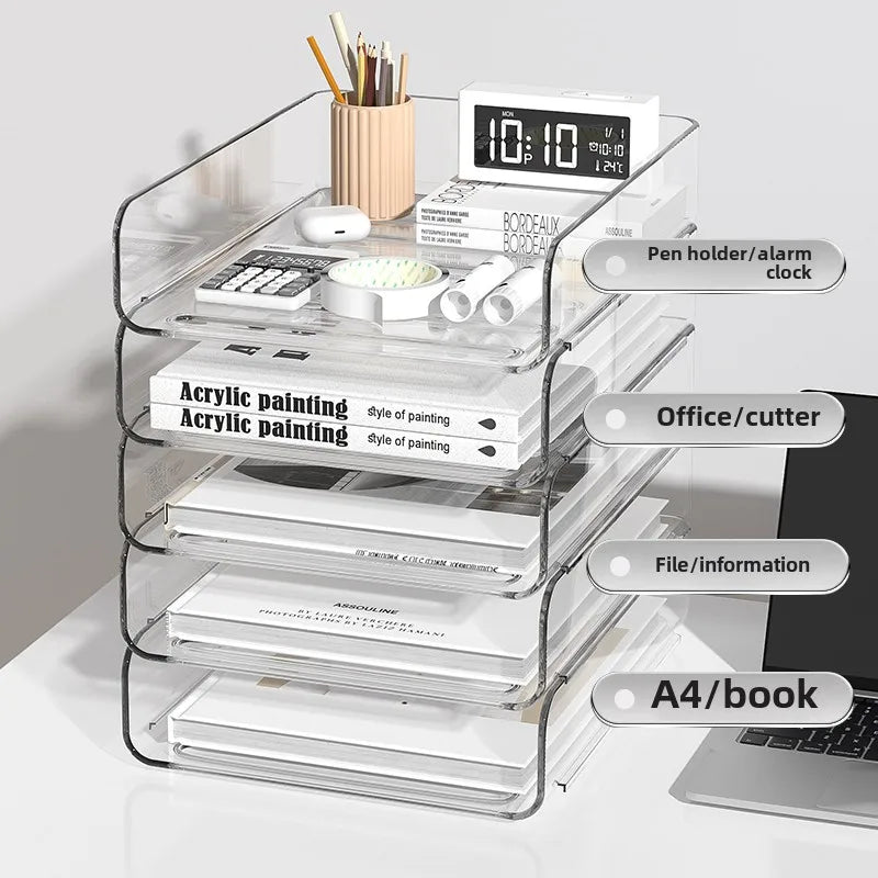 Desk Organizer with 2 Vertical File Holder, 4 Tier Stackable Paper Letter Tray File Organizer with  Pen Holder,Desk Organizer