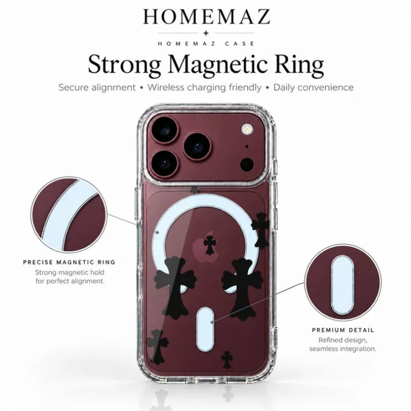 Clear Magnetic Case for iPhone with Gothic Cross Print, Slim Shockproof Soft Cover, Raised Camera Guard, Wireless Charging Support