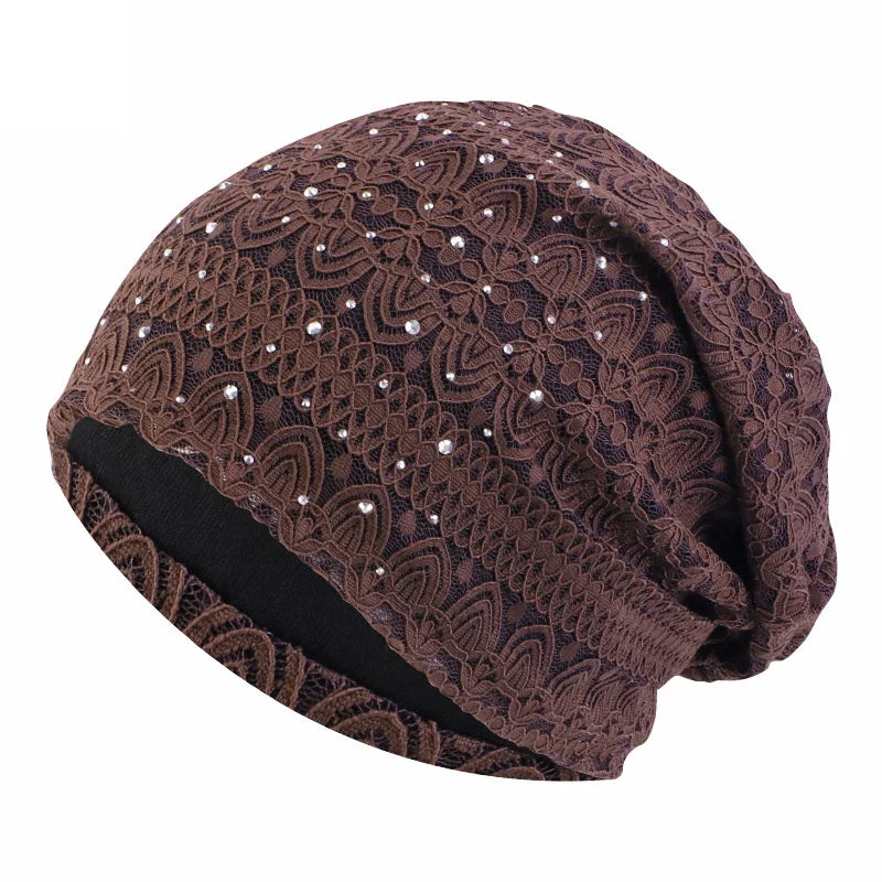 Winter Hats For Women Men Lace Rhinestone Breathable Turban Hat Windproof Warm Cap Female Beanie Hip Hop Bone Gorro Ponytail Hat