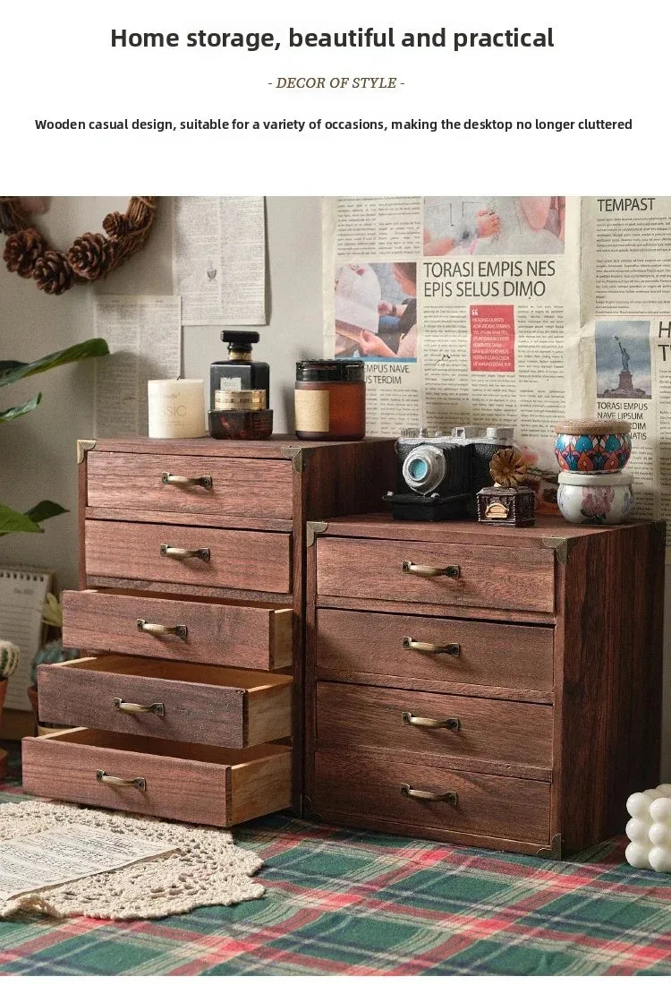 Multifunctional Wooden Desk Organizer with Drawers Desktop Storage Box for Home and Office Elegant Storage Solution for Sundries
