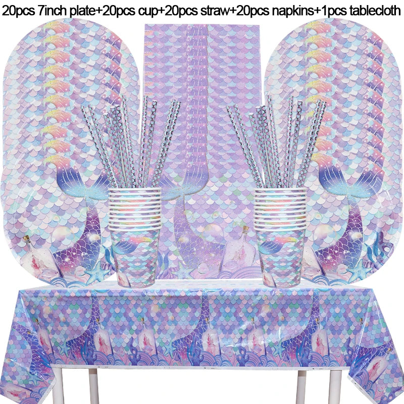 Mermaid Birthday Party Decoration Disposable Tableware Set Little Mermaid Tail Plates Girl Mermaid Party Supplies Wedding Decor