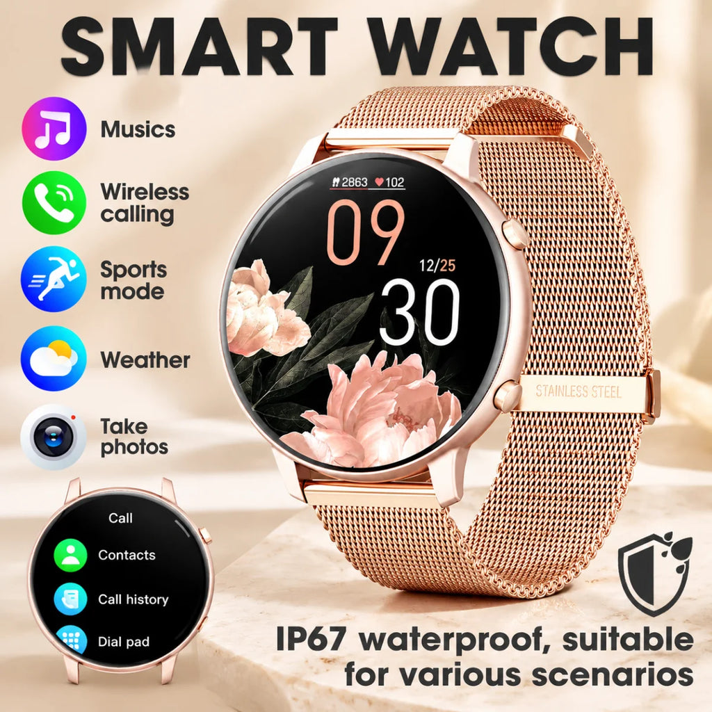 Women Rose Gold Smart Watch 1.39" Round Screen Bluetooth