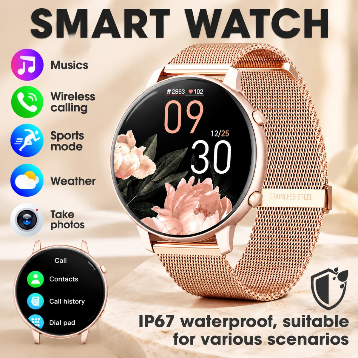Women Rose Gold Smart Watch 1.39" Round Screen Bluetooth