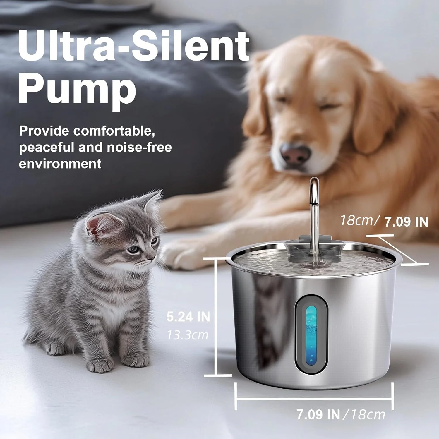 OYES 2.2L round Automatic Cat Water Fountain Stainless Steel Pet Water Feeder with Window for Dogs And Cats Pet Supplies