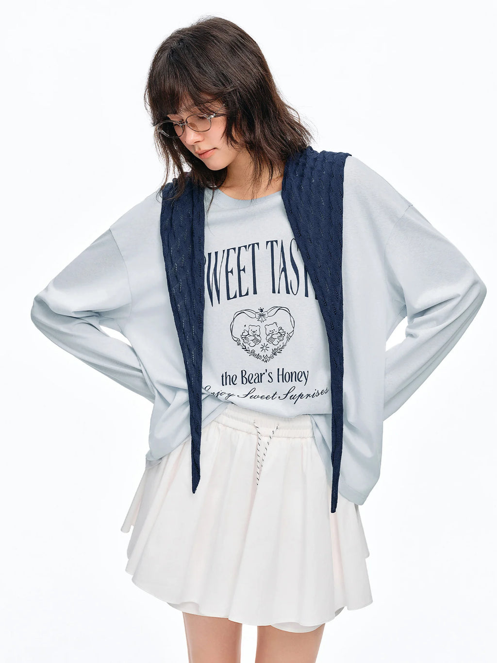 DUSHU Knitted Shawl Long-Sleeved T-Shirt 2026 Summer New Casual Two-Piece Set Letter Printed Leisure Chic Korean Trendy