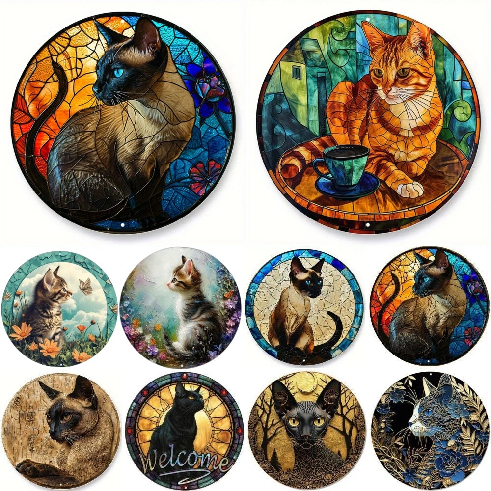 Cute Black Cat Gift Theme Round Metal Aluminum Sign Art Desktop Decorative Plates for Bar Cafe Club Yard Home Office Wall Decor