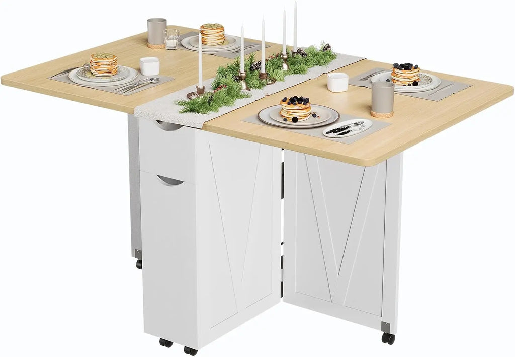 Folding Dining Table with Storage &amp; 6 Wheels