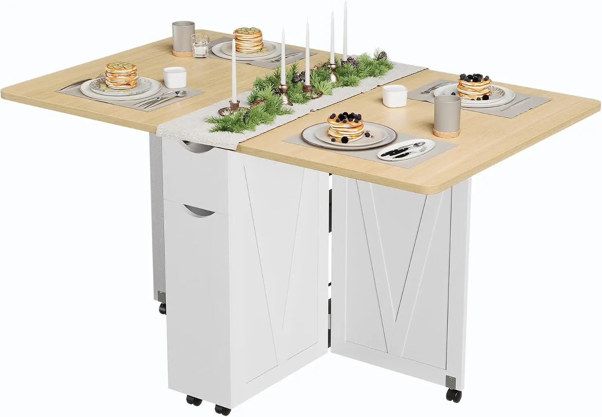 Folding Dining Table with Storage &amp; 6 Wheels