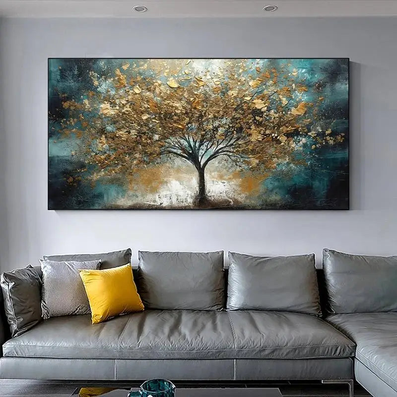 Elegant Abstract Gold and Blue Winter Tree Canvas Painting  Rich Landscape Wall Art for Living Room Decor  Premium Tree Posters