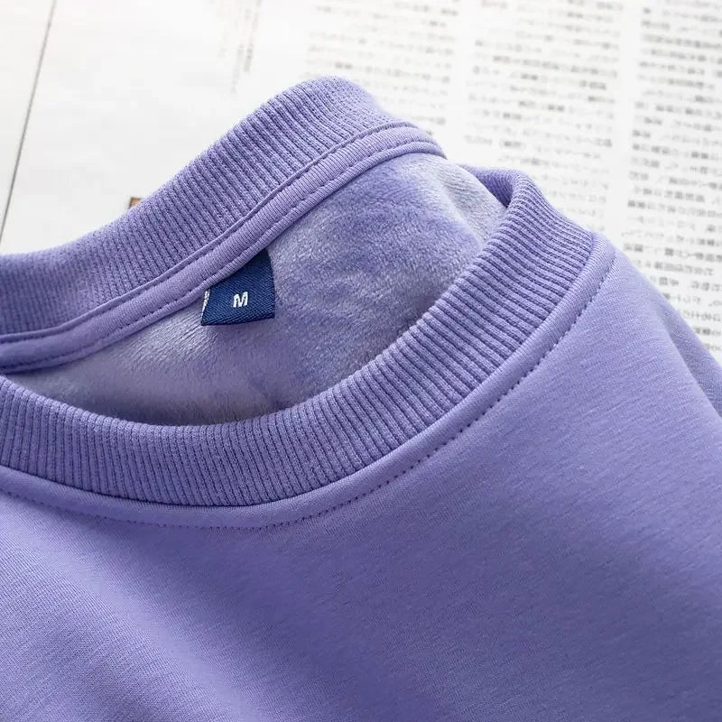 600G Pure Cotton Plush Thickened Sweatshirt Thin Plush Heavyweight Solid Round Neck Sweater Autumn Winter Warm Sweater