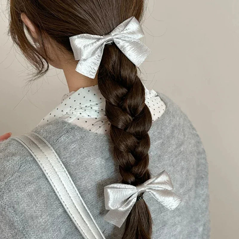 2/4Pcs Y2K Silver Bow Hair Clips PU Barrettes for Girl Kids