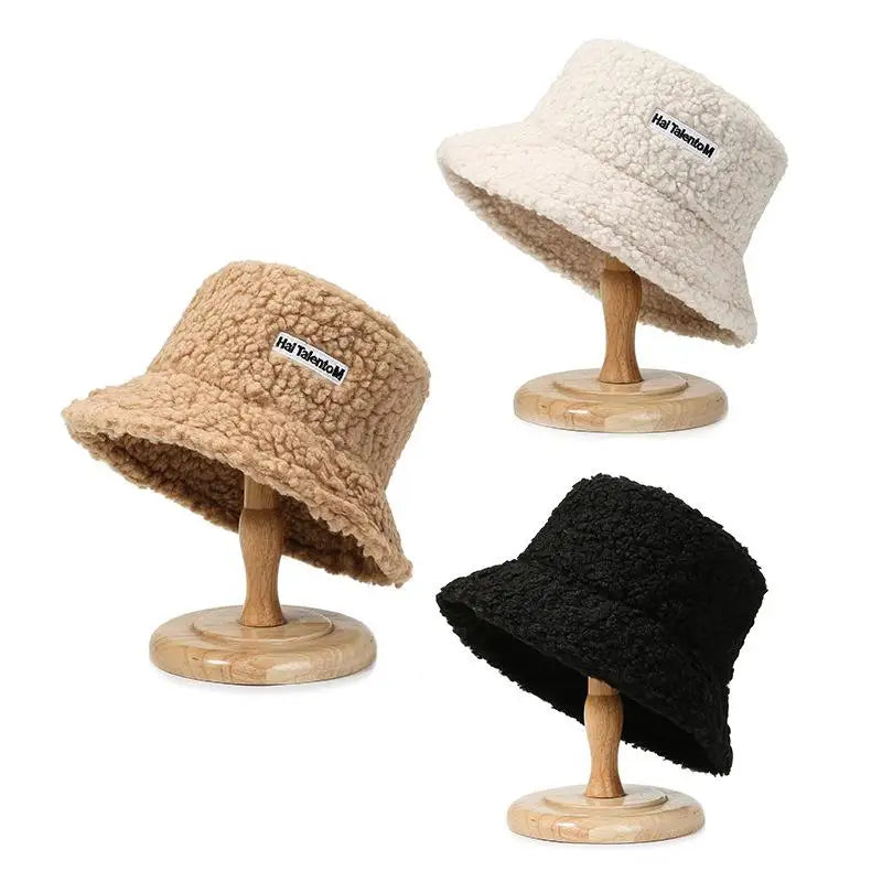 Korean Fisherman Hat Pure Color Warm Embroidered Letter Beanie Plush Light Weight Cap Unisex Casual Bucket Hat