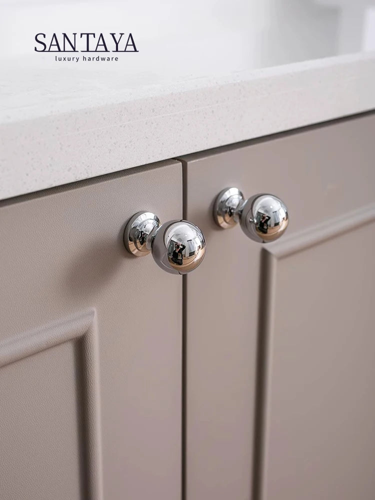 Santaya Brass Drawer Round Knobs Chrome Bright Silver Modern Minimalist Dresser Handle Single Hole Ball Kitchen Cabinet Pulls