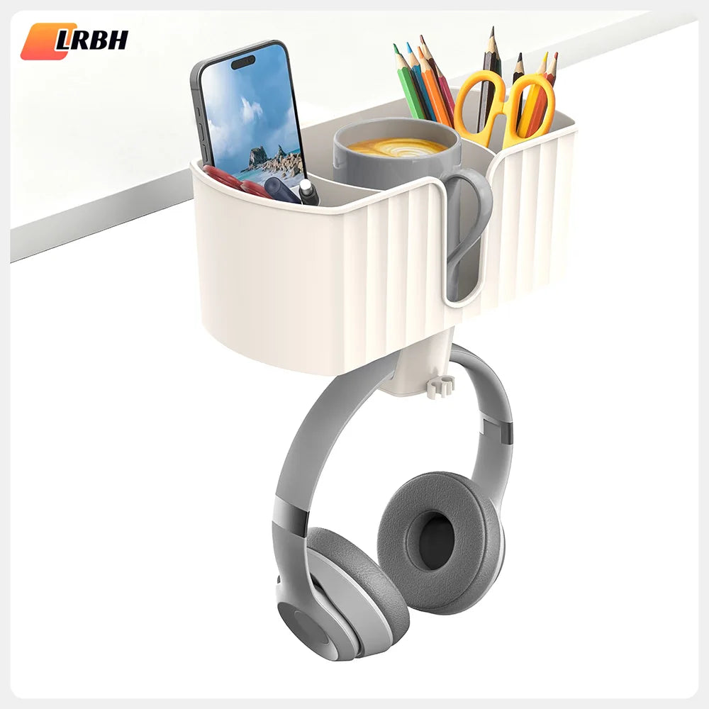 4-in-1 Desk Organizer - Under Desk Cup Holder and Headphone Hanger with 2 Wire Holes - Rotating Hanger，for Cup, Phone and Pen